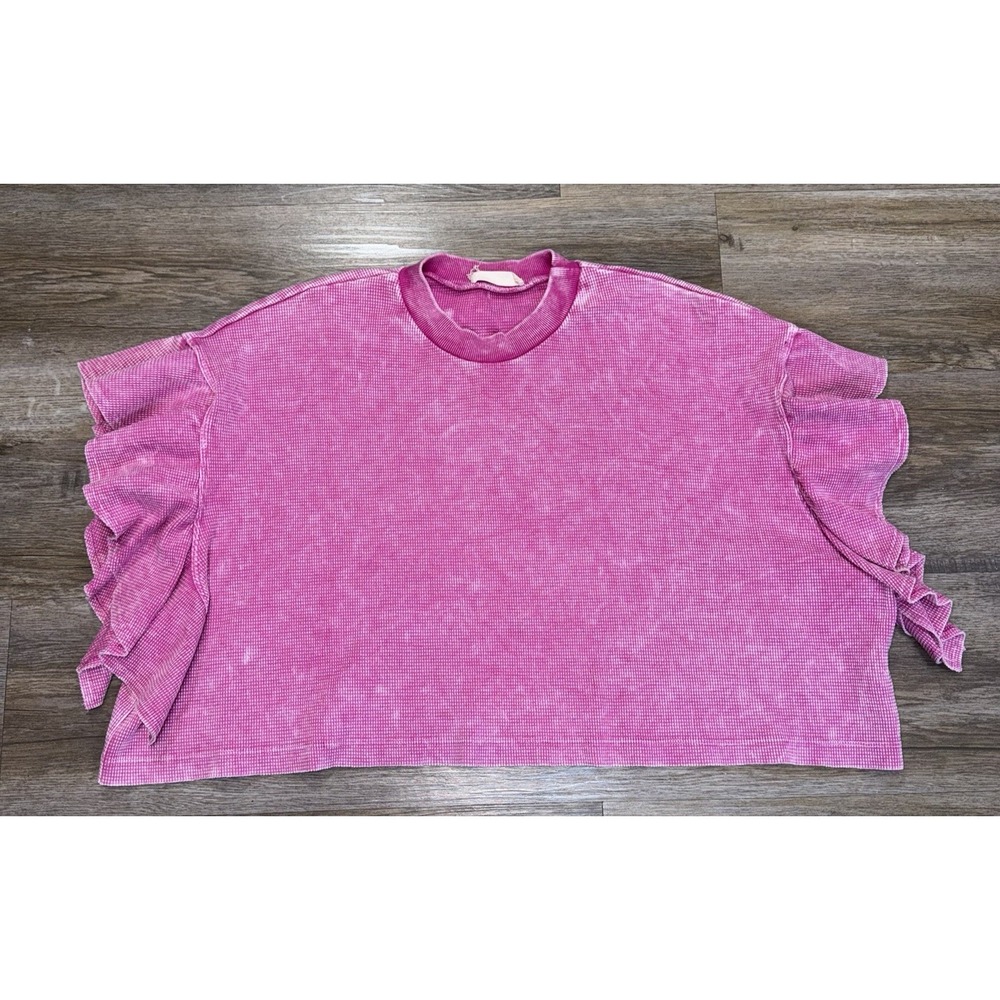 Altar'd State Pink Mineral-Wash Waffle Crop Womens S Ruffle Sleeves Oversized